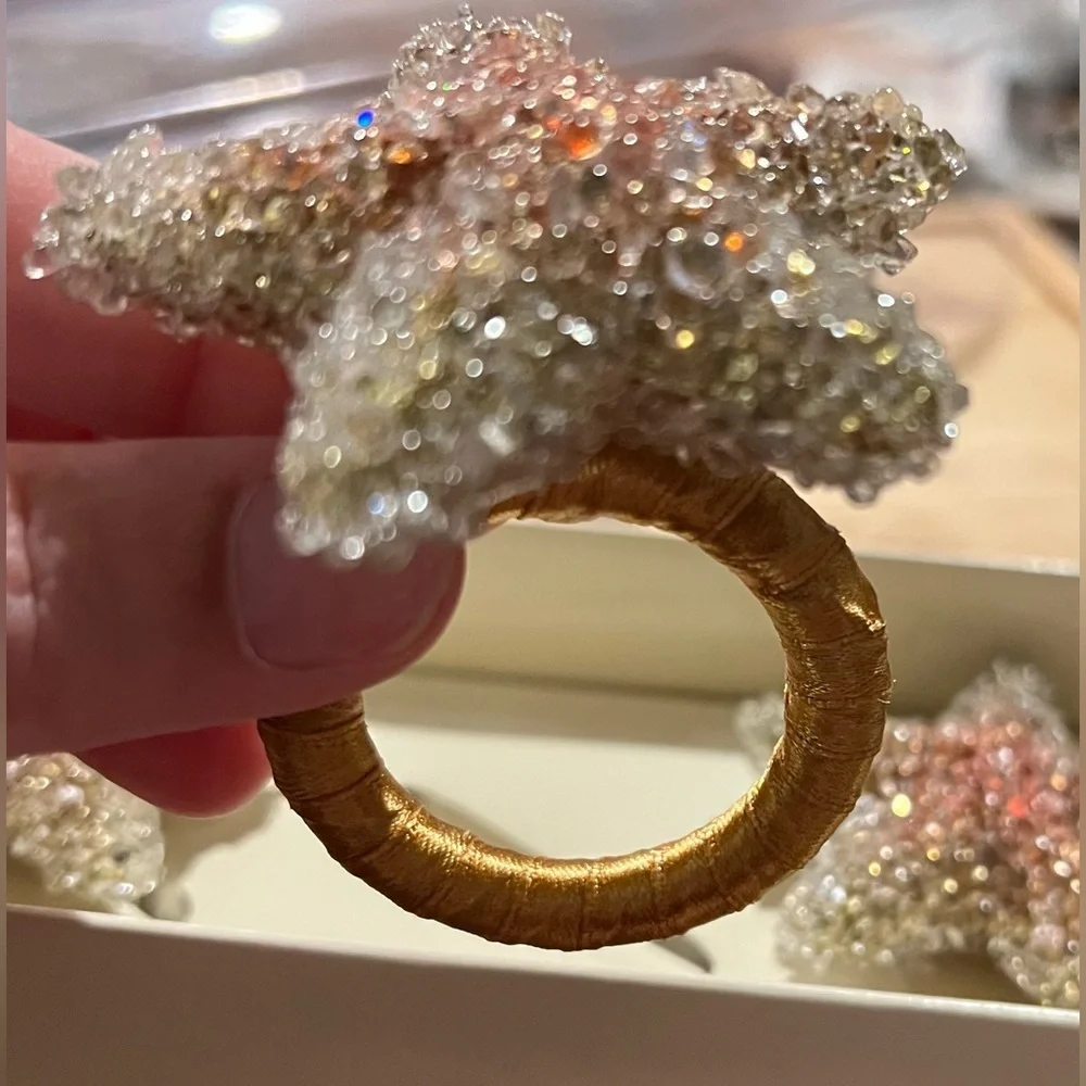 VTG Pier 1 Imports Set of 4 Gold Beaded Star Napkin Rings New In Box - Starfish